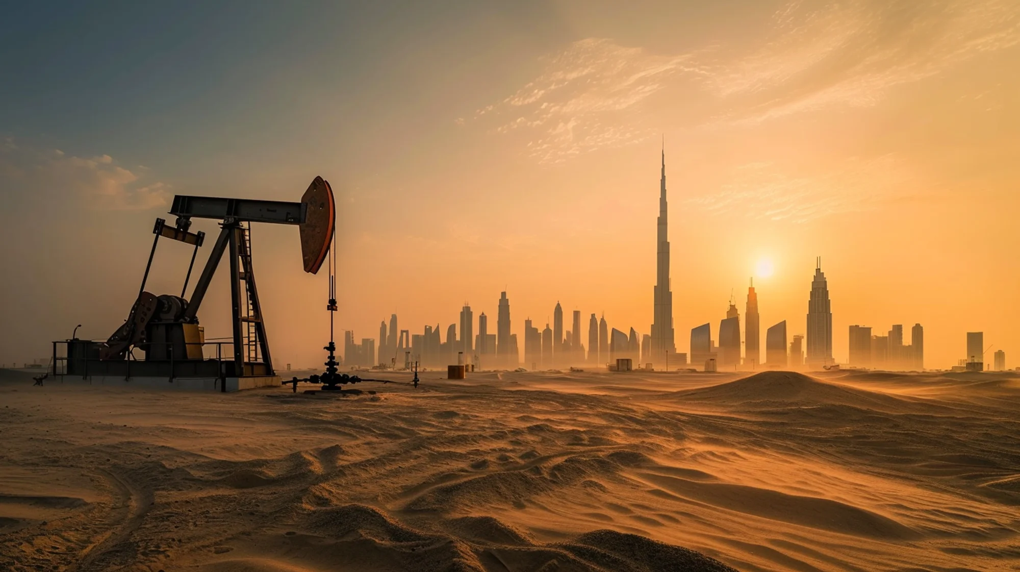 Industrial facility in the desert at sunset with a large metropolis in the background