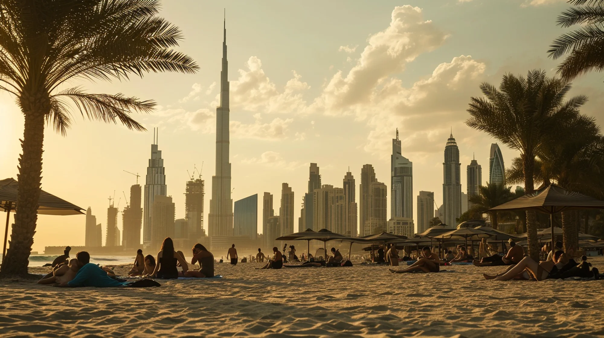 People on the beach at sunset with a metropolis in the background